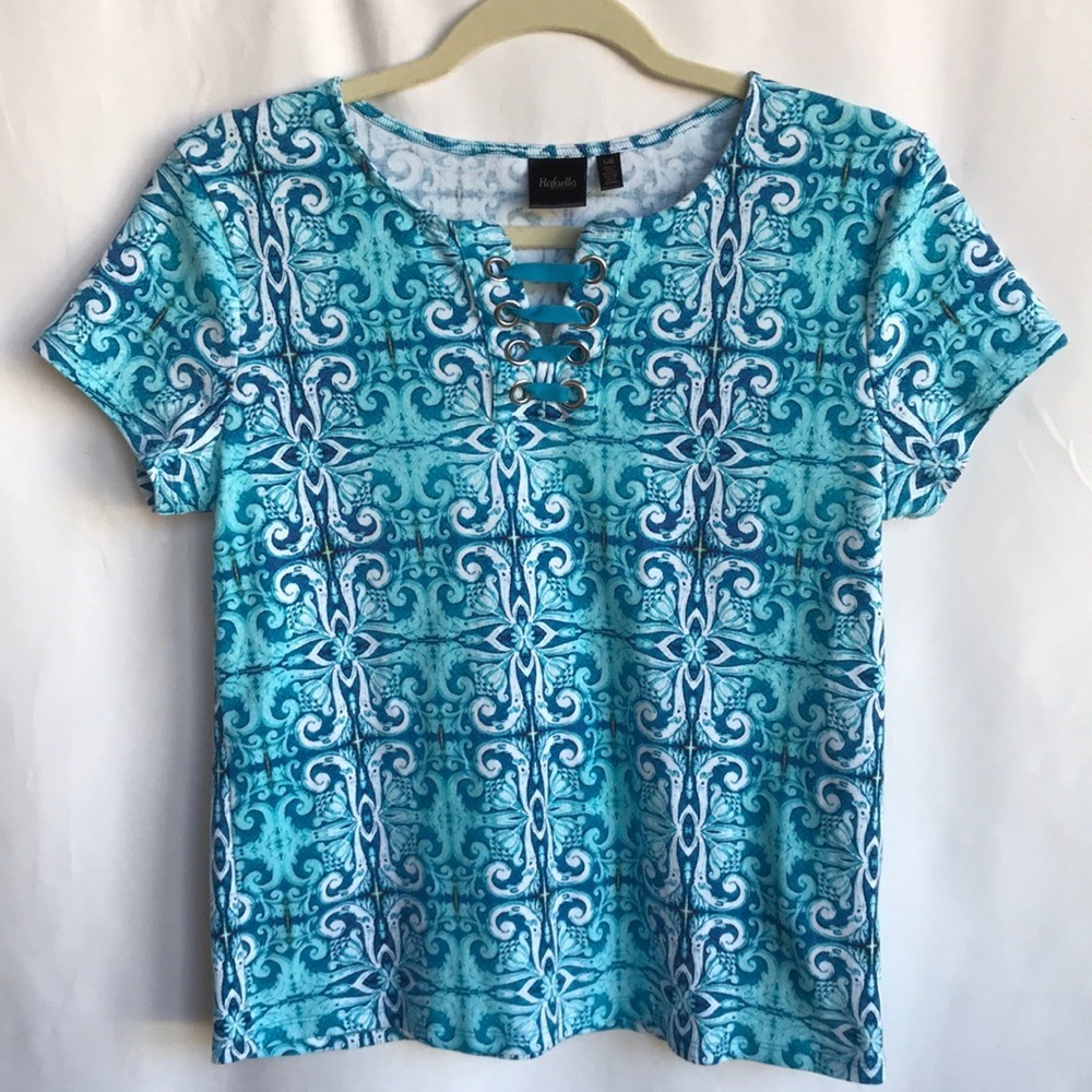 Rafaella turquoise, blue, and white short sleeve top, size L